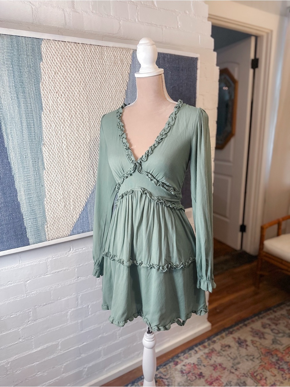 Mi Ami Green Deep V-Neck Ruffle Dress